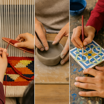 A vibrant, action-shot collage of different crafts- hands on a loom, hands shaping clay, someone painting a tile