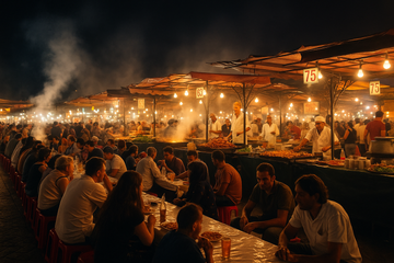 A vibrant, slightly blurry shot of the Djemaa el-Fna food stalls at night, with smoke rising from the grills and crowds of people eating at long tables