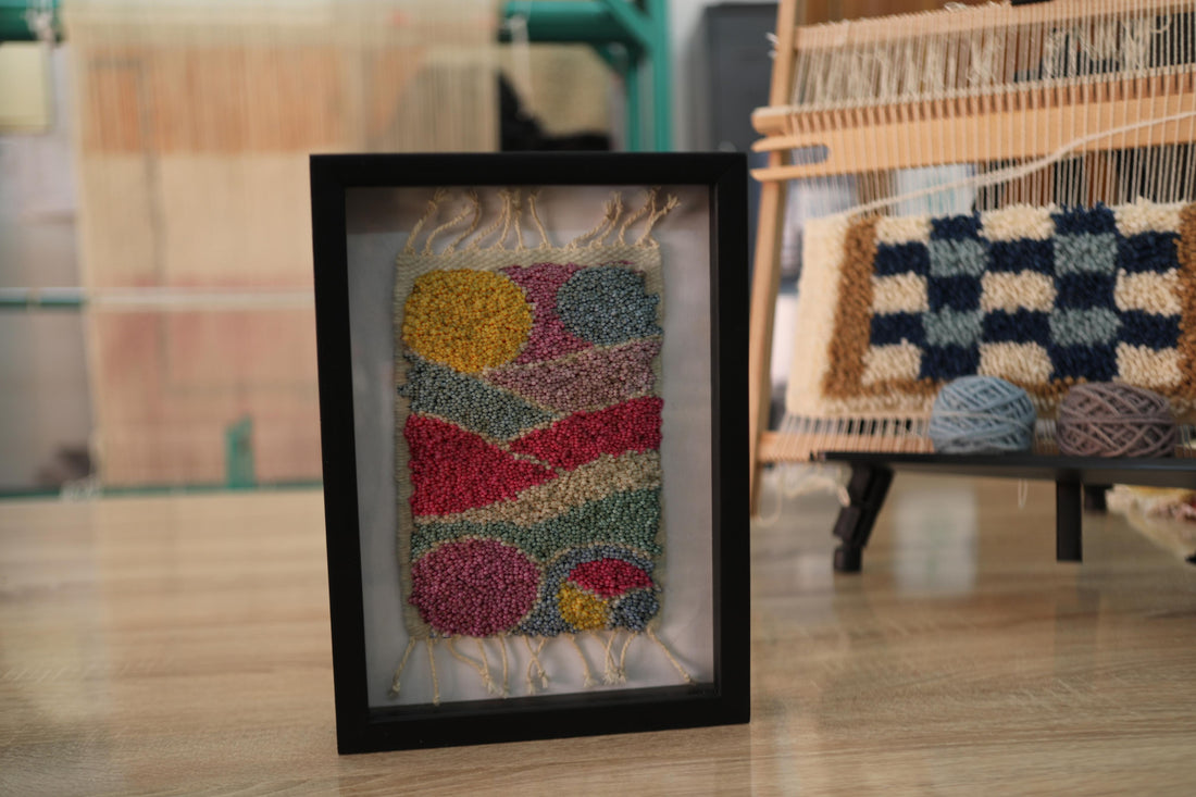 Framed Abstract Moroccan Rug Wall Art – Colorful Tufted Wool Textile for Modern Boho Interiors