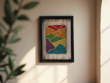 Geometric Rainbow Wool Wall Hanging – Handmade Tapestry Art 25x31cm