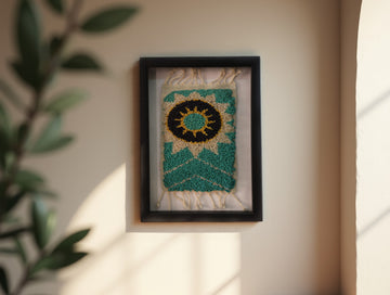 Sunburst Evil Eye Framed Moroccan Rug – Handwoven Wall Art in Turquoise & Gold