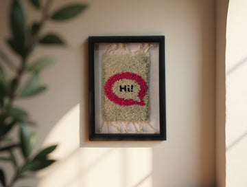 Pink Speech Bubble “Hi!” Moroccan Rug Wall Hanging – Framed Wool Art Decor