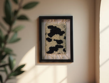 Handmade Moroccan Rug Wall Art – Organic Abstract Patch Pattern – Black & Cream Wool – Framed Berber Textile – Earthy Boho Decor