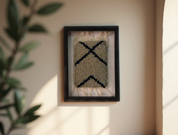 Framed Moroccan Rug Wall Art – Black Diamond Berber X Pattern | Handwoven Wool Tribal Decor