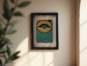 Bold Yellow Evil Eye Moroccan Rug – Framed Wall Art for Protection & Style