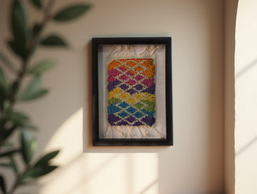 Rainbow Diamond Framed Wool Wall Hanging – Handwoven Colorful Textile Art (25x31cm)