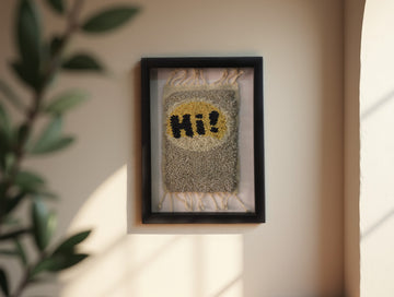 Framed Moroccan Rug Wall Hanging – Red & Black “Hi!” Text Art