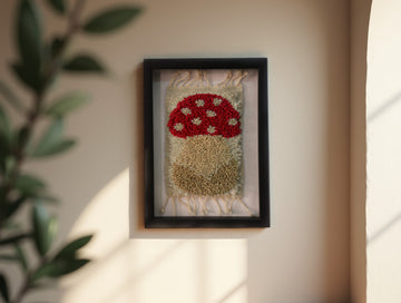 Framed Moroccan Rug Wall Art – Minimalist Red Mushroom Tufted Wool | Handmade Berber Decor
