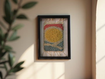 Framed Moroccan Rug Wall Art – Abstract Sun Tapestry in Yellow, Blue & Red Wool