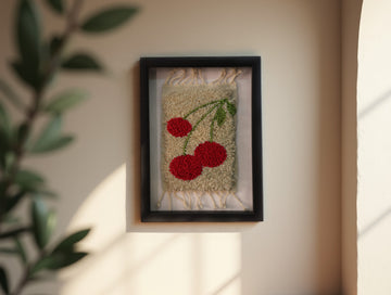Framed Cherry Wool Wall Art – Handmade Red Fruit Textile – Playful Minimalist Decor – Moroccan Tufted Tapestry – Kitchen Art Gift