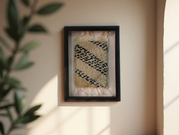 Handmade Moroccan Rug Wall Art Framed in Oak, Berber Zigzag Pattern, Cultural Textile Decor, Ready-to-Hang, Gift for Collectors