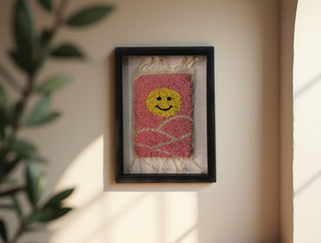 Framed Moroccan Rug Wall Art β Smiley Face in Pink Floral Abstract | Hand-Tufted Wool Wall Hanging