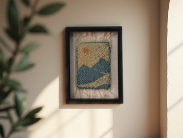 Framed Moroccan Rug Landscape Art – Wool Wall Decor with Sun & Mountain Design