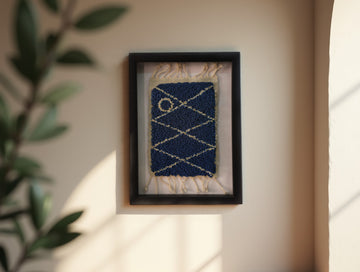 Framed Handwoven Blue Geometric Wall Art – 25x31cm Wool Textile with Diamond & Dot Design