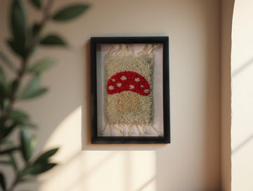Framed Moroccan Rug Wall Art – Minimalist Red Mushroom Tufted Wool | Handmade Berber Decor