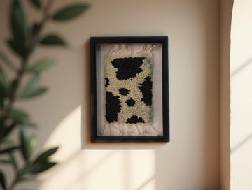 Framed Moroccan Rug Wall Art – Berber Diamond Pattern – Black & Cream Wool – Handwoven Tribal Textile Decor