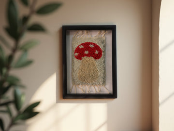 Framed Mushroom Moroccan Rug Wall Hanging – Handwoven Wool Art for Boho Home Decor