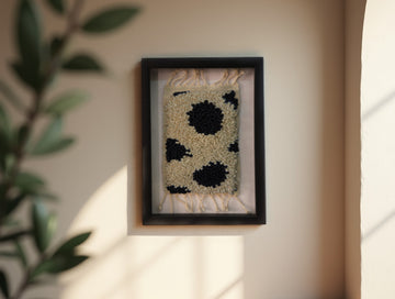 Handmade Moroccan Rug Wall Art – Large Bold Dot Pattern – Cream & Black – Framed Berber Textile – Minimalist Boho Decor