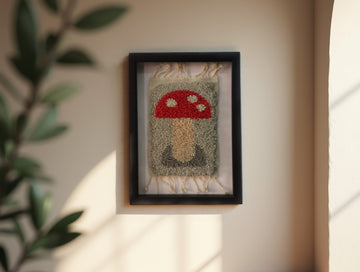 Framed Moroccan Mushroom Rug Wall Hanging – Red & White Wool Tapestry for Whimsical Boho Decor