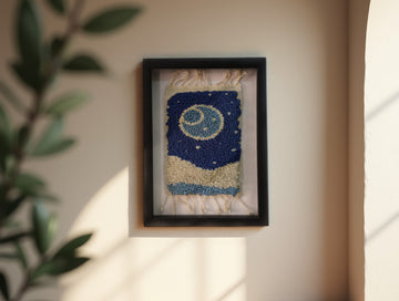 Handmade Moroccan Rug Wall Art - Framed Wool Tapestry with Moon and Stars, Navy and White, 25x31 cm, Culture-Inspired Home Decor