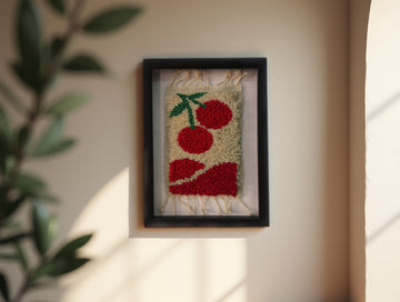 Bold Cherry Textile Wall Art β Abstract Red Geometry with Hand-Tufted Cherries β Framed Artwork by MyRugy
