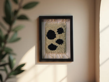 Handmade Moroccan Rug Wall Art – Minimal Four-Dot Motif – Black on Cream Wool – Framed Berber Textile – Modern Abstract Decor