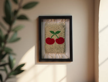Minimalist Cherry Tufted Wall Art – Classic Red Cherries with Green Leaves – Framed Handmade Textile Art by MyRugy