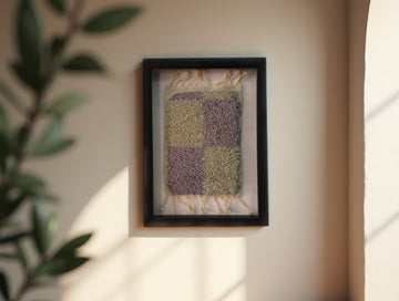 Patchwork Harmony – Hand-Tufted Framed Fiber Art in Lavender & Sage | Modern Textile Wall Deco