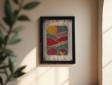Framed Abstract Moroccan Rug Wall Art – Colorful Tufted Wool Textile for Modern Boho Interiors