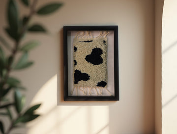 Handmade Moroccan Rug Wall Art – Vertical Dot Progression – Black on Cream Wool – Framed Berber Textile – Modern Minimalist Decor