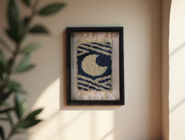 Handmade Moroccan Rug Art in Solid Oak Frame, Navy & White Moon and Stars Decor, Cultural Wall Hanging, Framed Heritage Gift