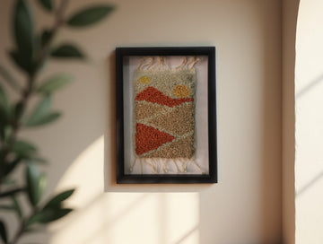 Moroccan rug, dual sun wall art, framed wool tapestry, hand-knotted rug decor, desert mountain wall hanging, boho home art, knot by knot Moroccan textile, artisan wool weaving, small Moroccan wall rug, 25x31 cm framed artwork, sunrise sunset decor, wool landscape piece
