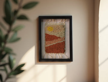 Moroccan rug, sunrise desert wall art, framed wool tapestry, hand-knotted wool wall hanging, Berber weaving, artisanal Moroccan rug, handmade rug art, knot by knot Moroccan textile, 25x31cm framed rug, earth tone wall decor, boho desert decor, Moroccan craftsmanship, wool fiber art, rustic framed rug