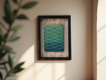 blue green gradient rug, diamond pattern moroccan rug, hand-knotted wool wall art, framed moroccan textile, artisan woven rug, small moroccan rug decor, ombre rug art, knot by knot weaving, boho wall hanging, 25x31 cm moroccan art