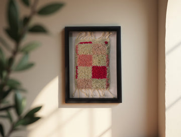 checkerboard moroccan rug, framed mini moroccan textile, red beige pink rug, hand-knotted moroccan wall art, wool checker pattern rug, moroccan decor, artisan made rug, knot by knot rug, framed wool textile, 25x31 cm mini rug