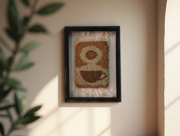 coffee cup wall art, moroccan rug, steam swirl coffee design, hand knotted wool art, knot by knot tapestry, coffee mug decor, café wall hanging, warm earth tones textile, 25x31 cm wool framed rug, artisan rug artwork