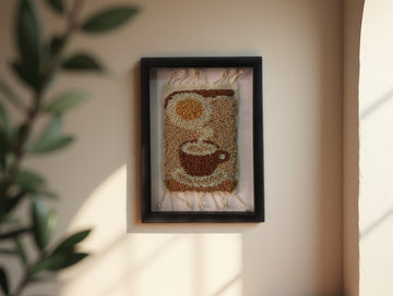Framed Hand-Knotted Moroccan Rug Wall Art – Coffee Cup Design (25x31 cm)