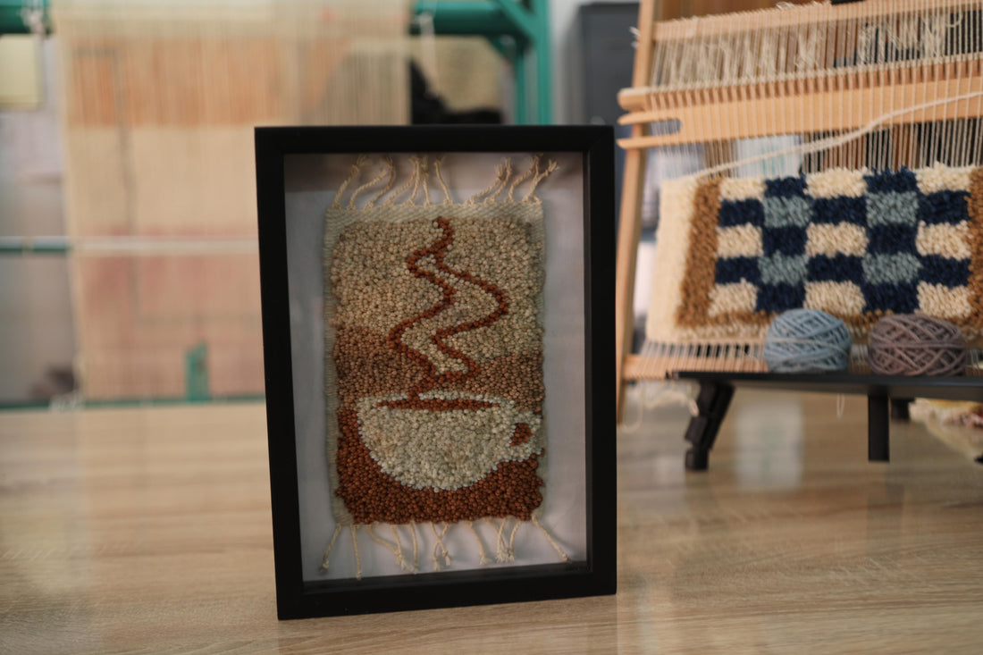 Framed Coffee Cup Moroccan Rug Wall Art – Hand-Knotted Textile Decor (25x31 cm)
