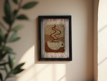Framed Coffee Cup Moroccan Rug Wall Art – Hand-Knotted Textile Decor (25x31 cm)