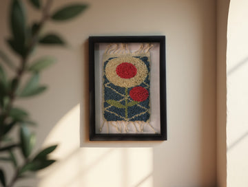 Framed Double Bloom Moroccan Rug Wall Hanging – Hand-Knotted Wool Textile Art (25x31 cm)