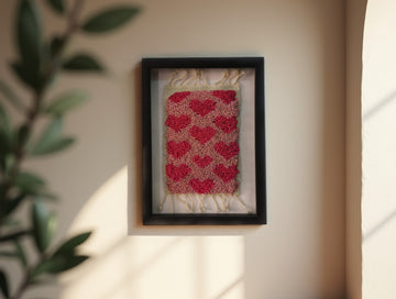 Framed Moroccan Rug Wall Art with Heart Pattern – Handwoven Wool Textile in Shadow Box Frame