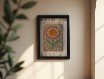 Framed Mini Moroccan Rug Wall Art – Hand-Knotted Flower Design in Warm Tones (25x31 cm)