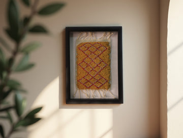 moroccan rug, diamond pattern rug, framed mini rug, moroccan wall hanging, yellow red moroccan rug, hand knotted moroccan textile, bohemian wall art, moroccan home decor, traditional moroccan design, small framed rug, 25x31 cm wall decor