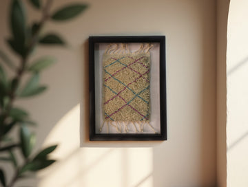 moroccan rug, diamond pattern wool rug, pastel grid rug art, hand-knotted textile, ivory wool framed rug, berber rug mini artwork, geometric wool wall hanging, moroccan home decor