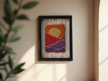 moroccan rug, knot by knot wall art, desert sunset rug, wool tapestry, framed rug decor, purple and orange wall hanging, sun-inspired textile art, boho decor, handmade rug painting, 25x31 cm moroccan wool rug
