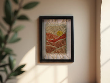 moroccan rug, landscape wall art, desert scene rug, sunset moroccan mini rug, wool tapestry art, knot by knot moroccan weaving, hand-knotted wool artwork, framed rug wall hanging, 25x31 cm rug, moroccan textile decor