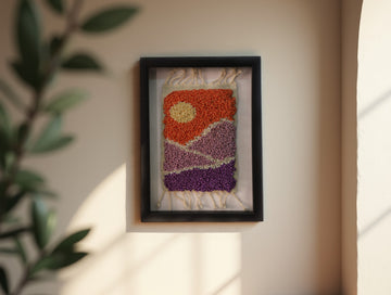 moroccan rug, lavender mountain rug, wool wall art, hand knotted framed tapestry, abstract landscape art, boho decor, mini rug wall hanging, colorful wool art, knot by knot rug, 25x31 cm framed