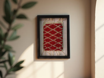 moroccan rug, trellis pattern rug, red moroccan wall art, handmade rug, knotted rug, framed rug, tribal decor, wool rug wall hanging, lattice moroccan textile, knot by knot rug, mini berber rug