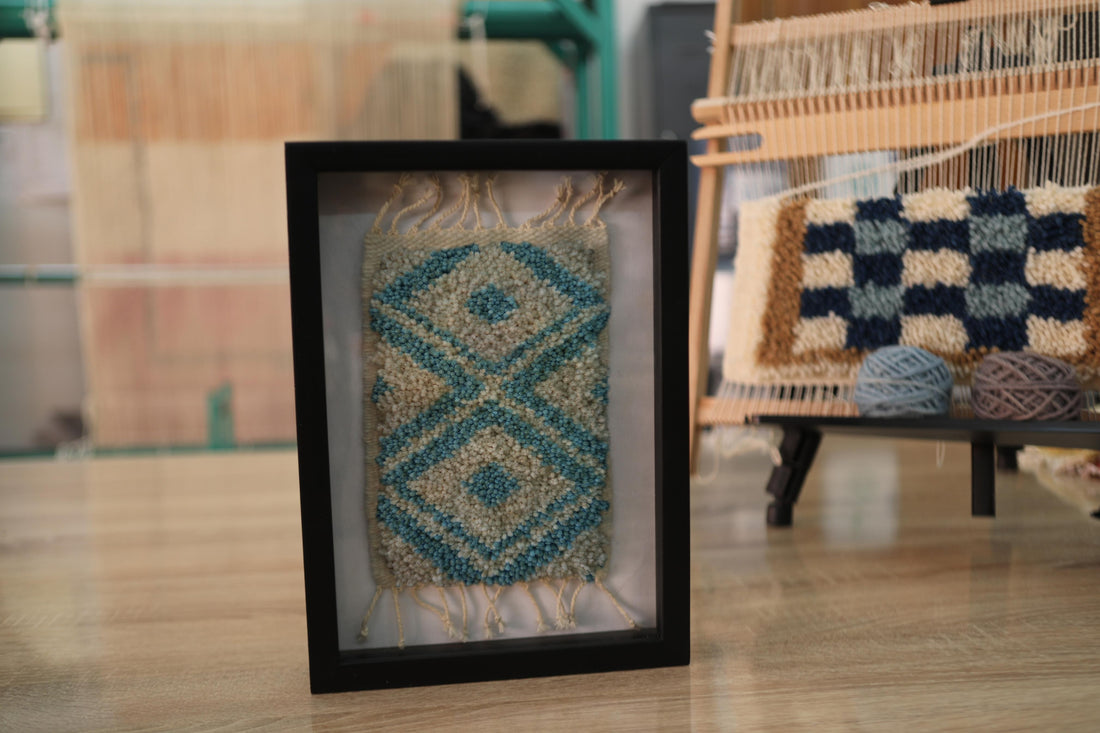 moroccan rug, turquoise diamond pattern, wall art, hand knotted wool, framed textile art, blue and ivory rug, wool wall hanging, moroccan decor, artisanal craft, home accent, 25x31 cm