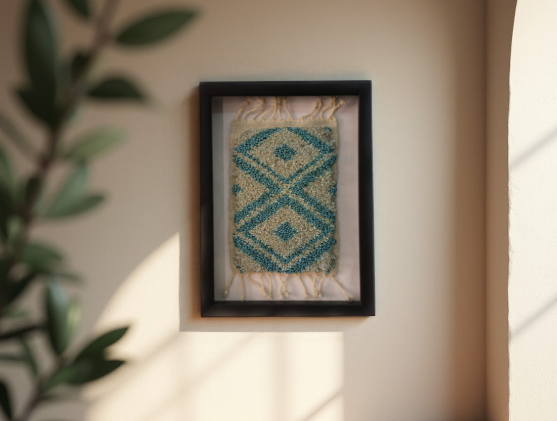 moroccan rug, turquoise diamond pattern, wall art, hand knotted wool, framed textile art, blue and ivory rug, wool wall hanging, moroccan decor, artisanal craft, home accent, 25x31 cm